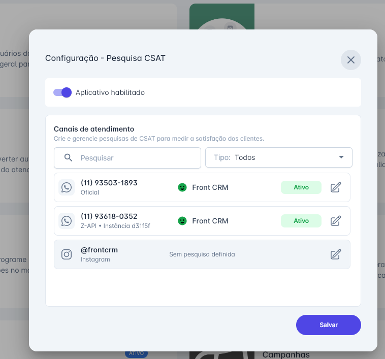Configuração da pesquisa CSAT